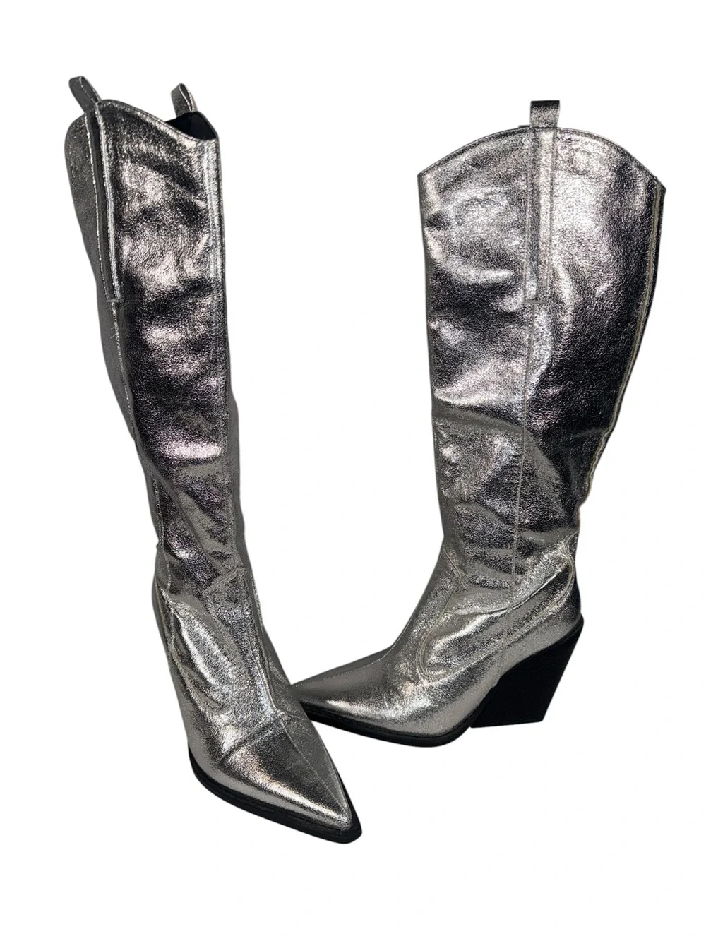 PrettyLittleThing Metallic Silver Over-The-Knee Pointed Toe Boots